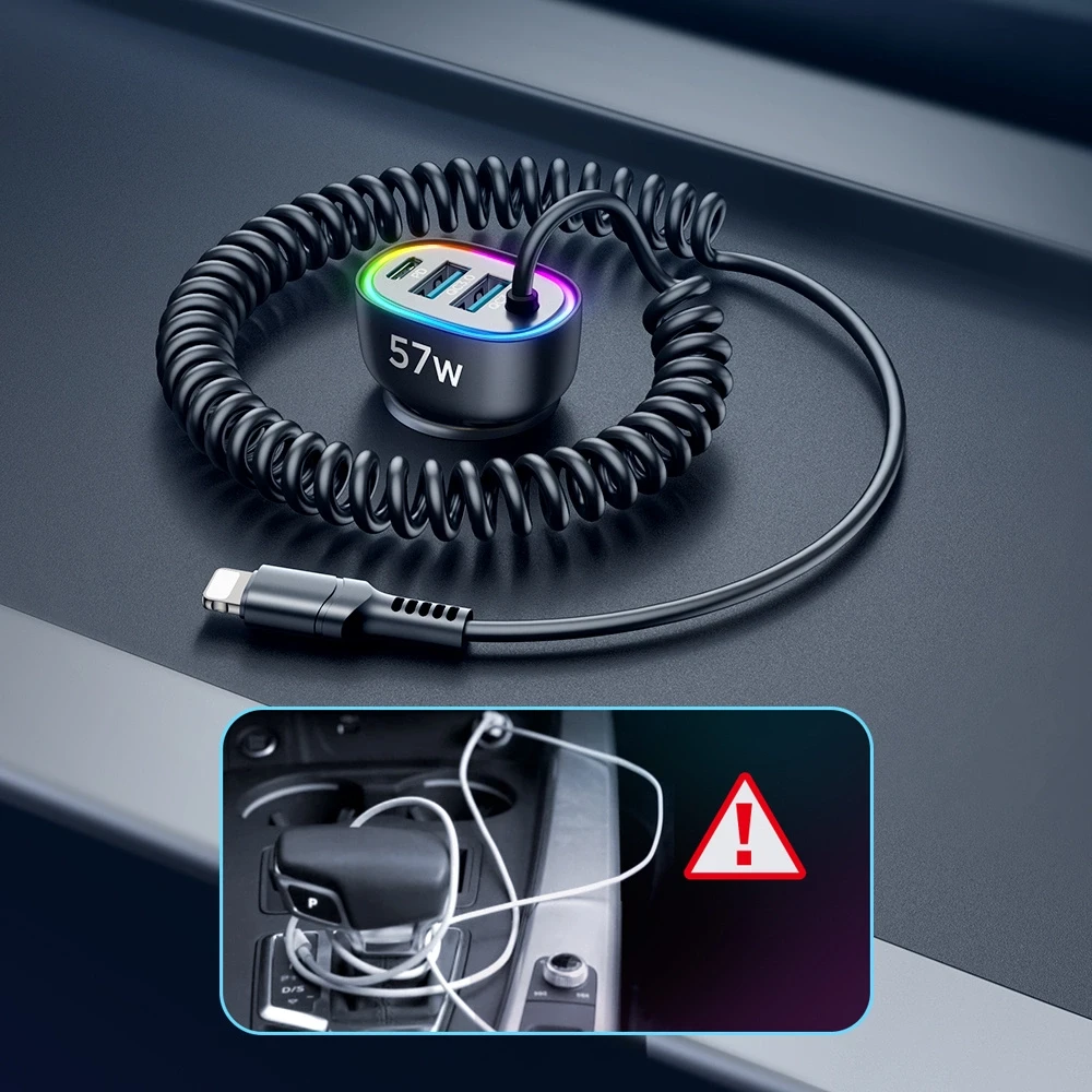 Automobilinis įkroviklis Joyroom JR-CL20, 2x USB + 2x Lightning, 57W + Lightning laidas (juodas)