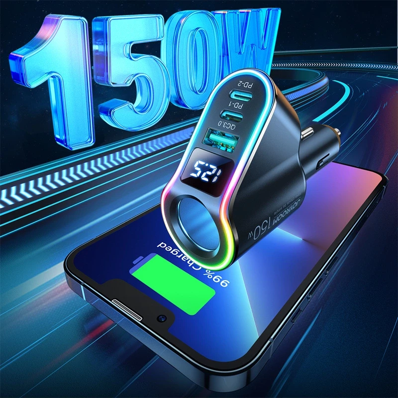 Automobilinis įkroviklis Joyroom JR-CL21, 4 viename, 1 x USB QC3.0, 2 x USB-C PD 150 W (juodas)