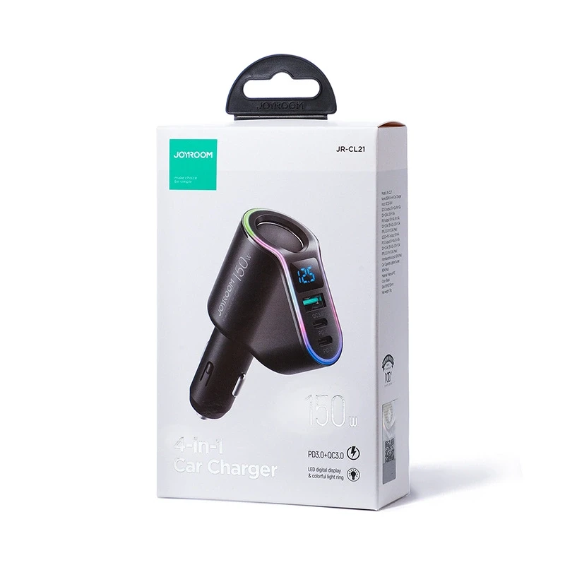 Automobilinis įkroviklis Joyroom JR-CL21, 4 viename, 1 x USB QC3.0, 2 x USB-C PD 150 W (juodas)