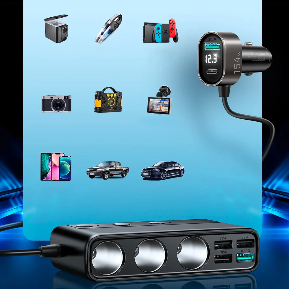 Automobilinis įkroviklis Joyroom 9in1 154W 3x12V, PD USB Type-C, QC3.0 USB-A, 4xUSB-A JR-CL06