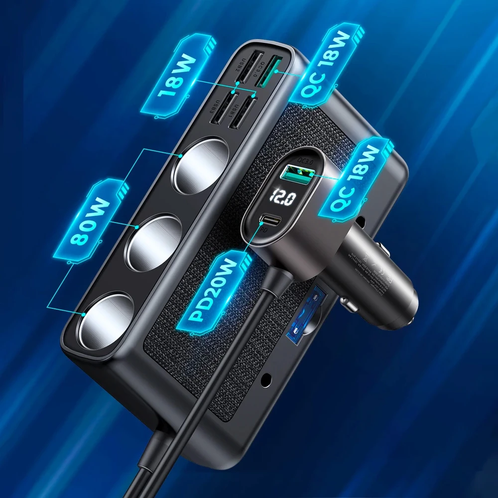 Automobilinis įkroviklis Joyroom 9in1 154W 3x12V, PD USB Type-C, QC3.0 USB-A, 4xUSB-A JR-CL06