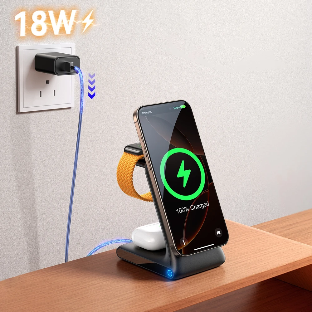 Joyroom JR-W15 belaidis įkroviklis 3 in 1 Charging Station su MagSafe – juodos spalvos