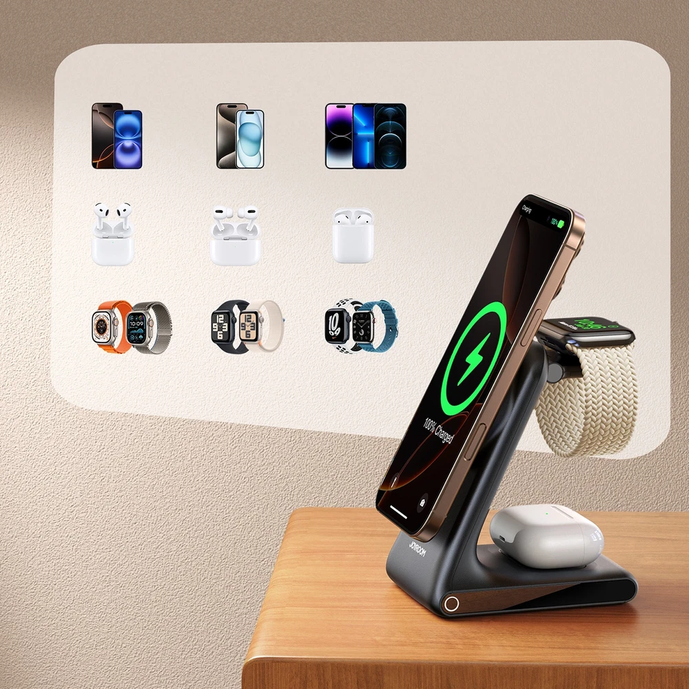 Joyroom JR-W15 belaidis įkroviklis 3 in 1 Charging Station su MagSafe – juodos spalvos