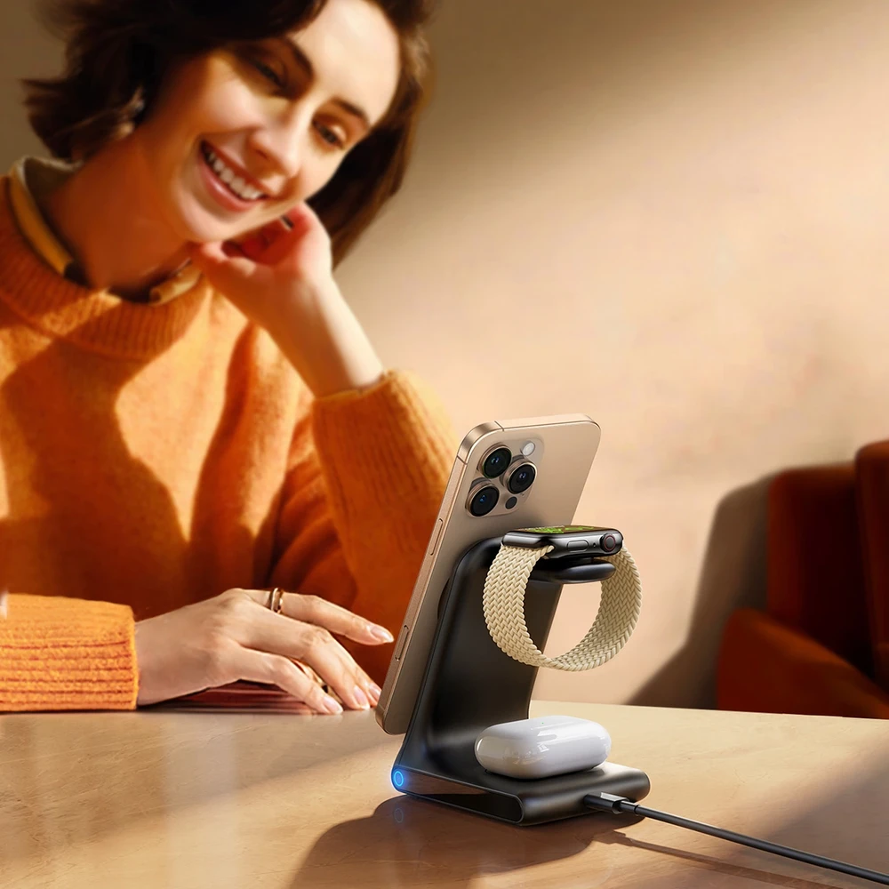 Joyroom JR-W15 belaidis įkroviklis 3 in 1 Charging Station su MagSafe – juodos spalvos