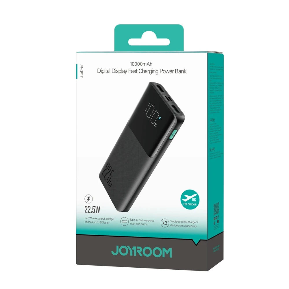 Išorinė baterija Power Bank Joyroom JR-QP191 22.5W PD QC3.0 AFC 10000mAh juoda