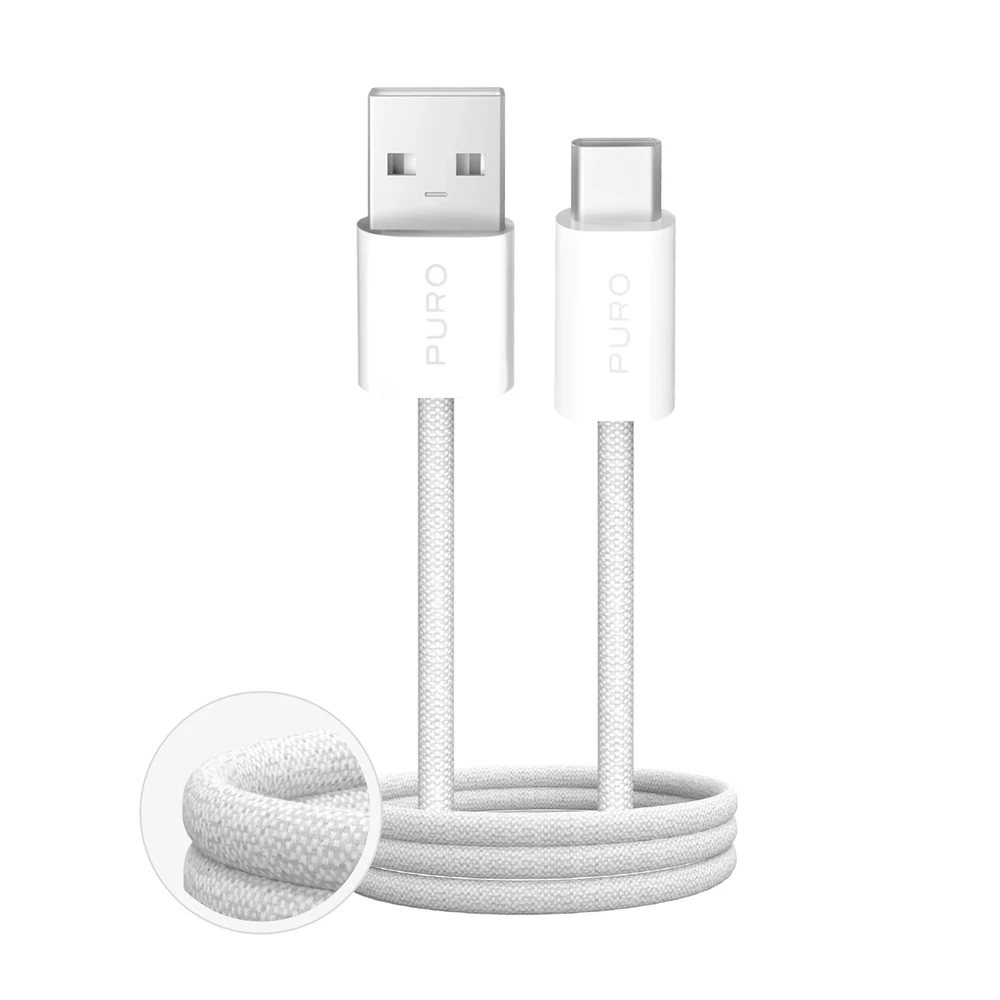 Puro Fabrik 2.0 10W USB-A – USB-C Braided Kabelis 1.5m – baltos spalvos