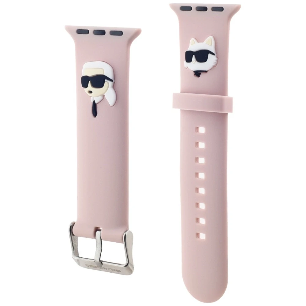 Apyrankė laikrodžiui Apple Watch 1 / 2 / 3 / 4 / 5 / 6 / 7 / 8 / SE / Ultra (42 / 44 / 45 / 49 mm) Karl Lagerfeld Strap 3D Rubber Karl&Choupette Heads (KLAWLSLKCNP) rožinės spalvos
