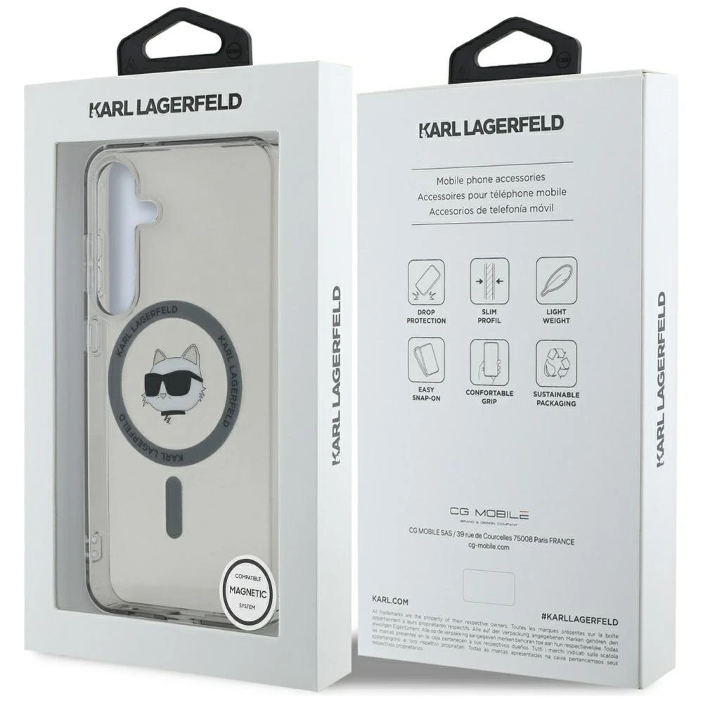 Dėklas Original Pouch Karl Lagerfeld Button Choupette Head Printed Logo Magsafe skirtas Samsung Galaxy S25 juodos spalvos