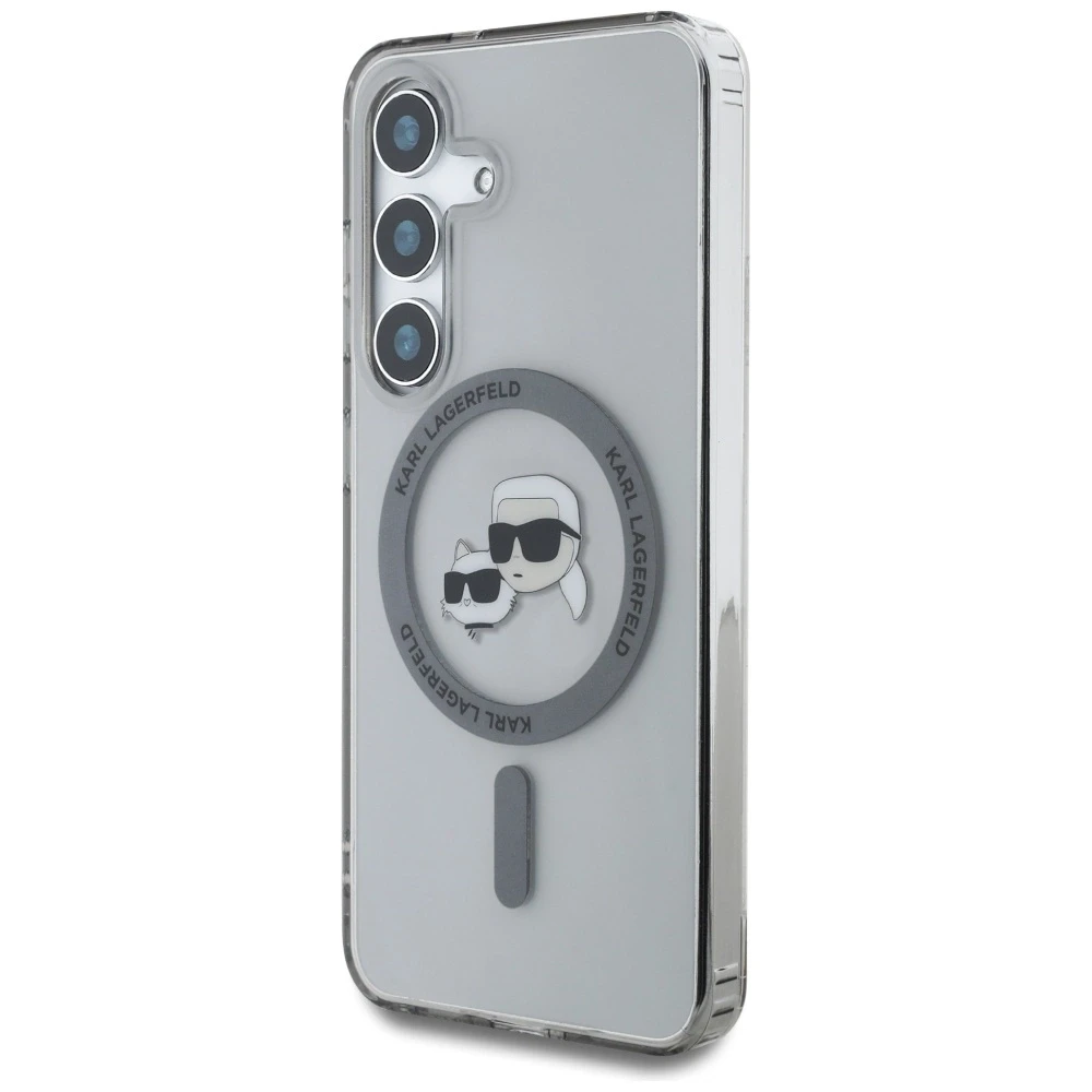 Dėklas Original Pouch Karl Lagerfeld Button Karl&Choupette Heads Printed Logo Magsafe skirtas Samsung Galaxy S25 juodos spalvos