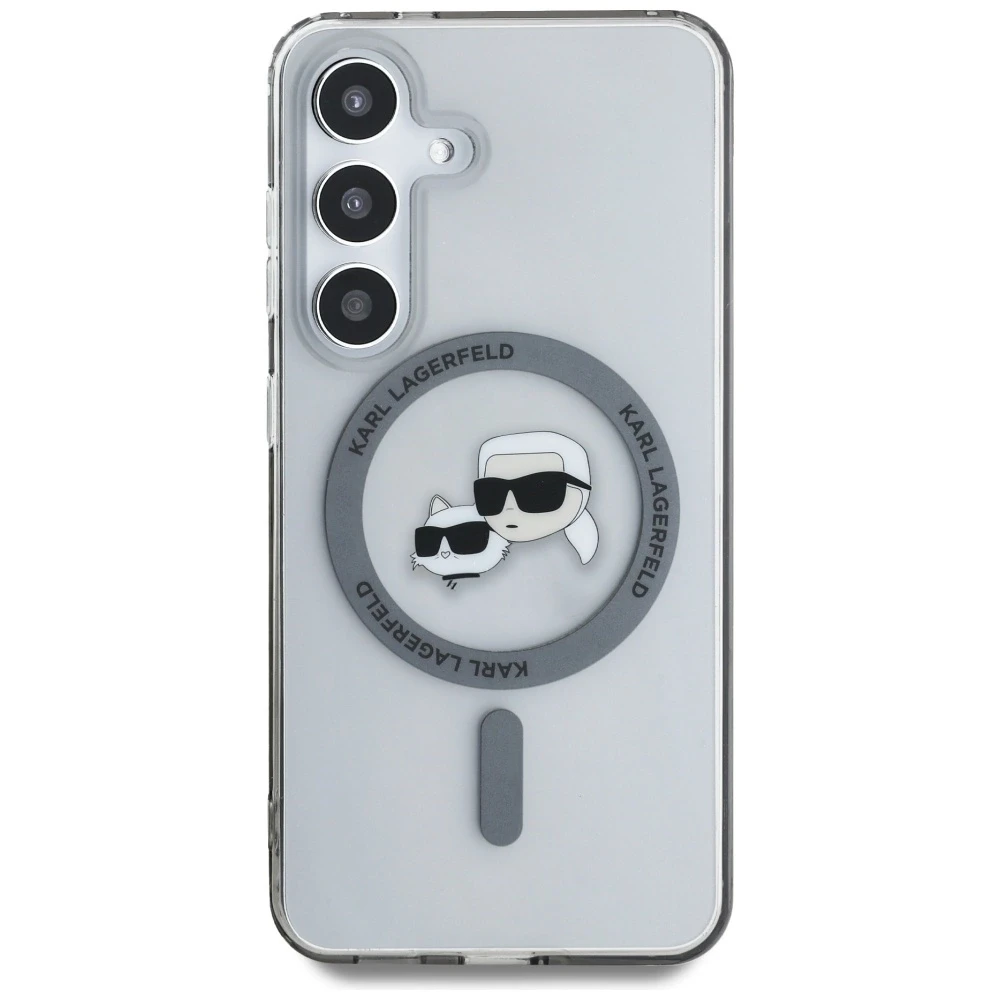 Dėklas Original Pouch Karl Lagerfeld Button Karl&Choupette Heads Printed Logo Magsafe skirtas Samsung Galaxy S25 juodos spalvos