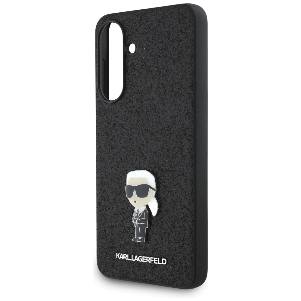 Dėklas Karl Lagerfeld Fixed Glitter Ikonik Logo Metal Pin skirtas Samsung Galaxy A56 juodos spalvos