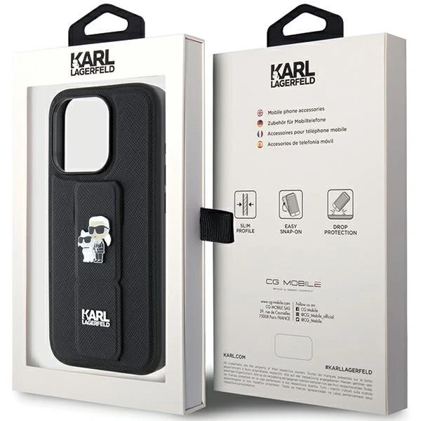Dėklas Karl Lagerfeld KLHCP15XGSAKCPK IPHONE 15 PRO MAX 6.7 "Juodas/Juodas HARDCASE GRIPSTAND SAFFIANO KARL & CHOUPETTE PINS