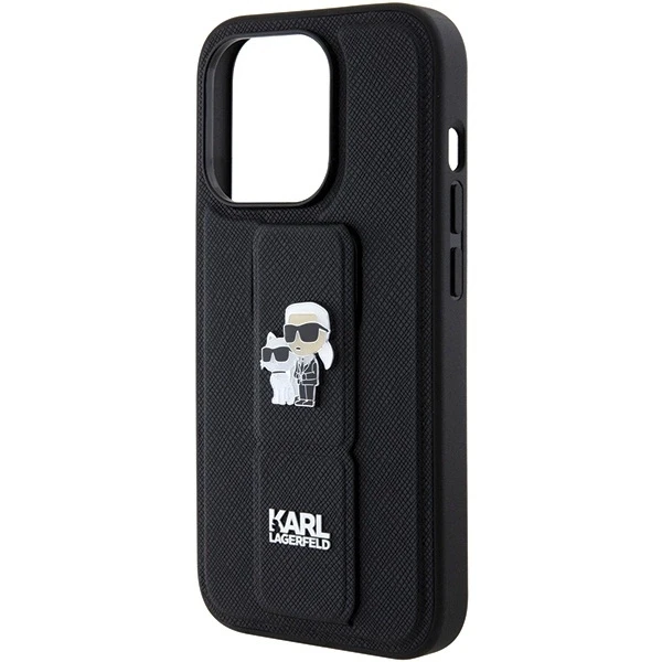 Dėklas Karl Lagerfeld KLHCP15XGSAKCPK IPHONE 15 PRO MAX 6.7 "Juodas/Juodas HARDCASE GRIPSTAND SAFFIANO KARL & CHOUPETTE PINS