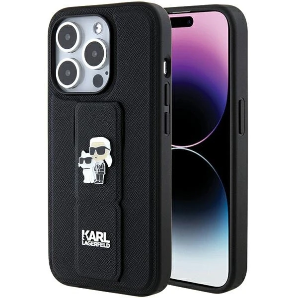 Dėklas Karl Lagerfeld KLHCP15XGSAKCPK IPHONE 15 PRO MAX 6.7 "Juodas/Juodas HARDCASE GRIPSTAND SAFFIANO KARL & CHOUPETTE PINS