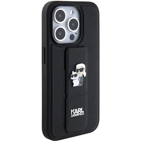 Dėklas Karl Lagerfeld KLHCP15XGSAKCPK IPHONE 15 PRO MAX 6.7 "Juodas/Juodas HARDCASE GRIPSTAND SAFFIANO KARL & CHOUPETTE PINS