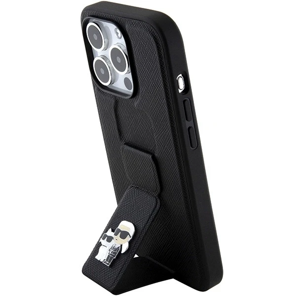 Dėklas Karl Lagerfeld KLHCP15XGSAKCPK IPHONE 15 PRO MAX 6.7 "Juodas/Juodas HARDCASE GRIPSTAND SAFFIANO KARL & CHOUPETTE PINS