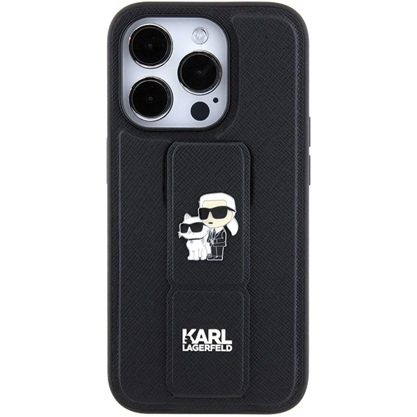 Dėklas Karl Lagerfeld KLHCP15XGSAKCPK IPHONE 15 PRO MAX 6.7 "Juodas/Juodas HARDCASE GRIPSTAND SAFFIANO KARL & CHOUPETTE PINS