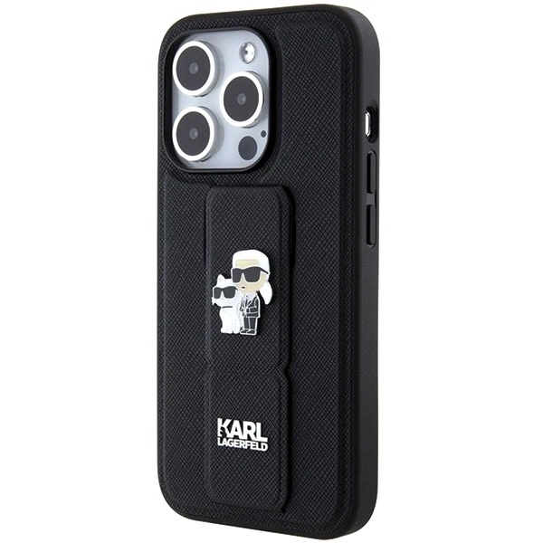 Dėklas Karl Lagerfeld KLHCP15XGSAKCPK IPHONE 15 PRO MAX 6.7 "Juodas/Juodas HARDCASE GRIPSTAND SAFFIANO KARL & CHOUPETTE PINS
