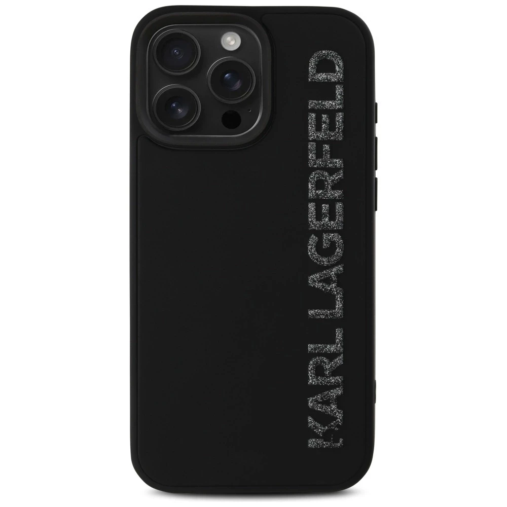 Dėklas Karl Lagerfeld HC 3D Rubber Elongated Glitter Apple iPhone 16 Pro juodos spalvos