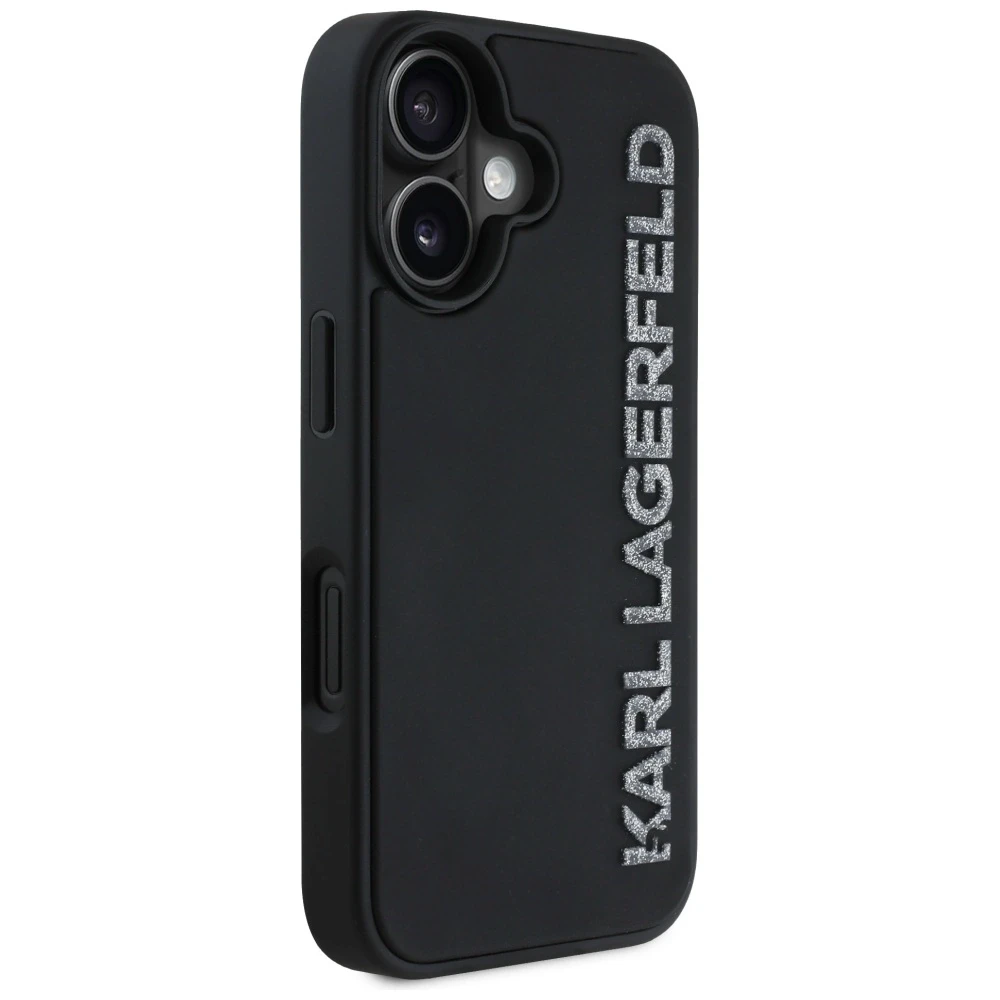 Dėklas Karl Lagerfeld HC 3D Rubber Elongated Glitter Apple iPhone 16 juodos spalvos