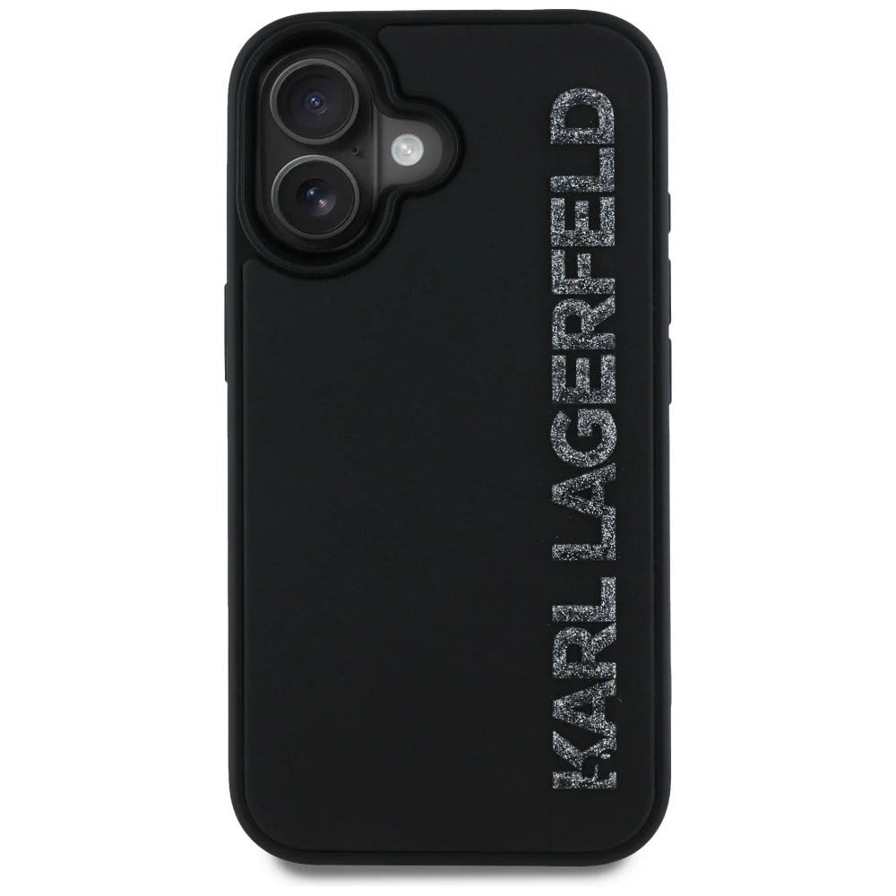Dėklas Karl Lagerfeld HC 3D Rubber Elongated Glitter Apple iPhone 16 juodos spalvos