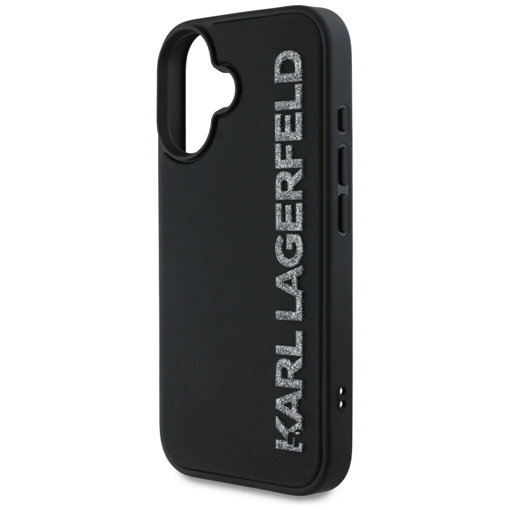 Dėklas Karl Lagerfeld HC 3D Rubber Elongated Glitter Apple iPhone 16 juodos spalvos