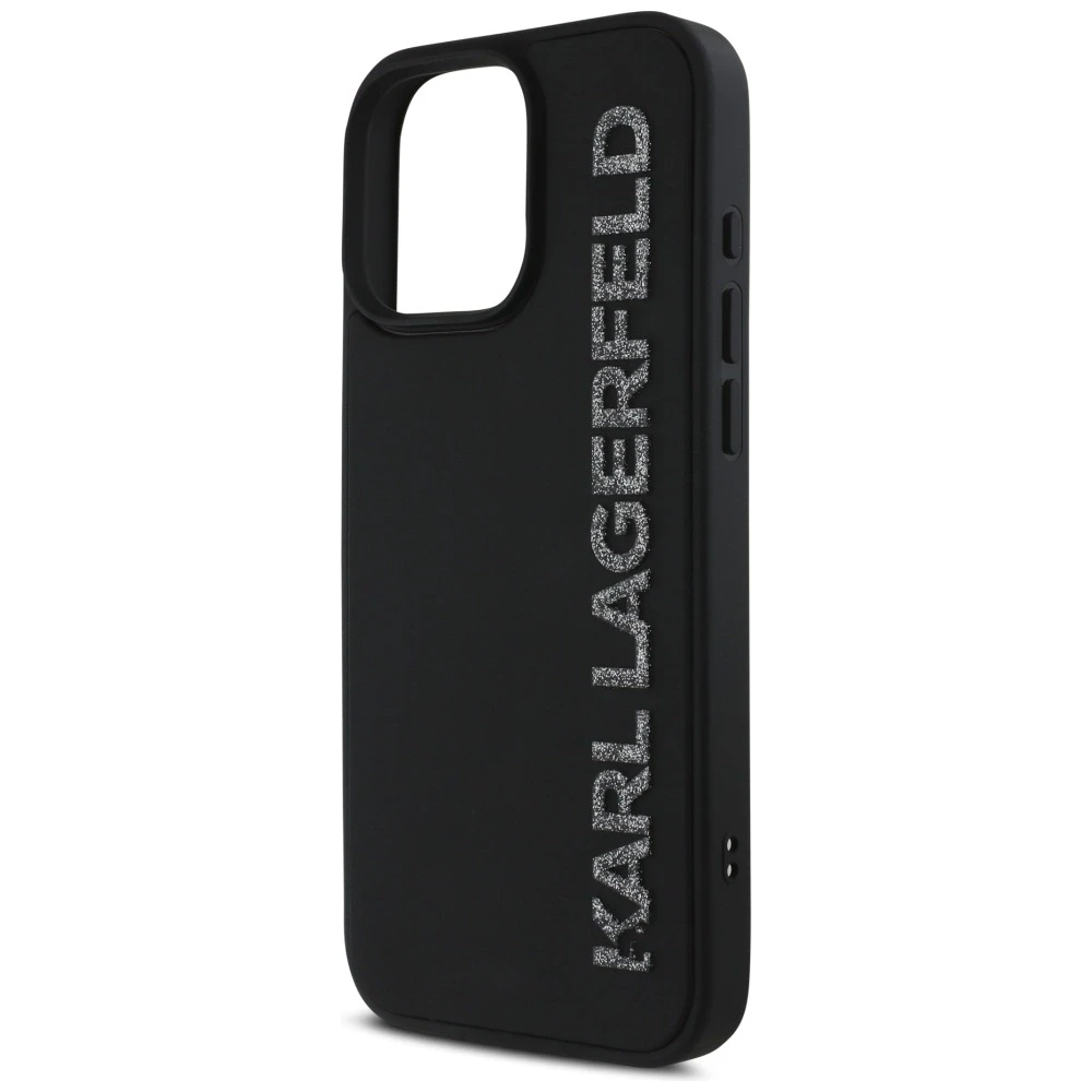 Dėklas Karl Lagerfeld HC 3D Rubber Elongated Glitter Apple iPhone 16 Pro juodos spalvos