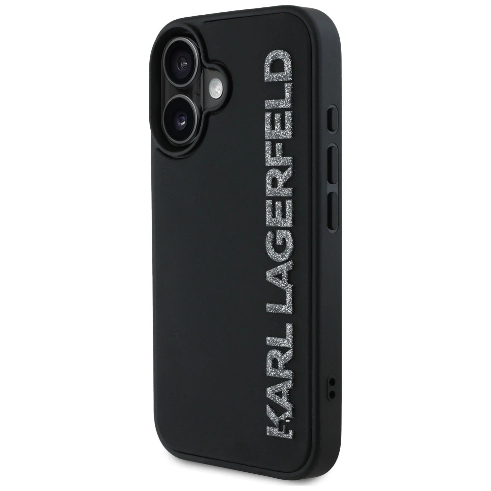 Dėklas Karl Lagerfeld HC 3D Rubber Elongated Glitter Apple iPhone 16 juodos spalvos
