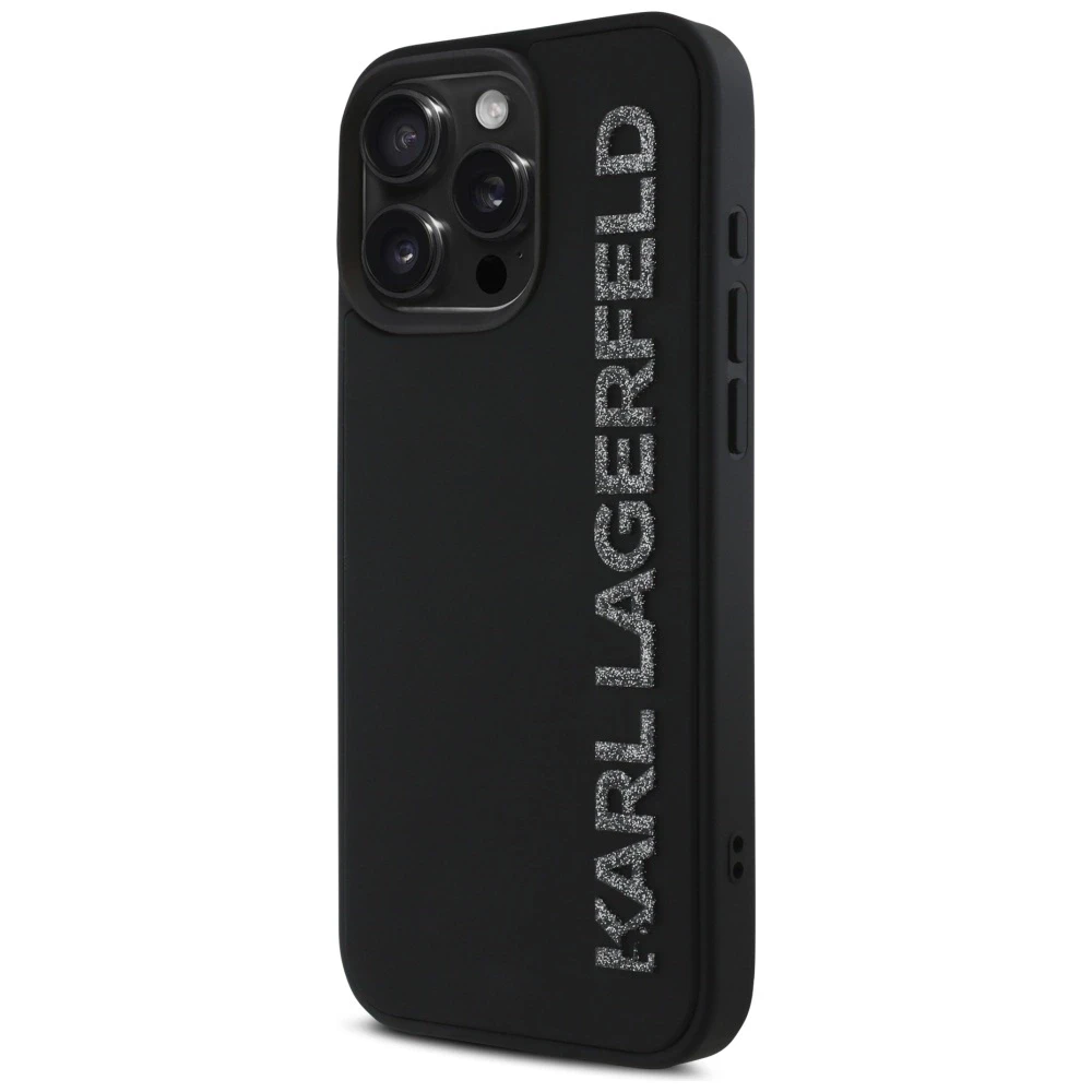 Dėklas Karl Lagerfeld HC 3D Rubber Elongated Glitter Apple iPhone 16 Pro juodos spalvos