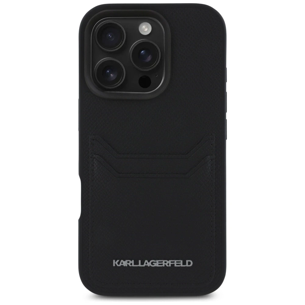 Karl Lagerfeld HC grūdėtas PU kortelių lizdas metalinis pailgas iPhone 16 Pro dėklas – Juodas