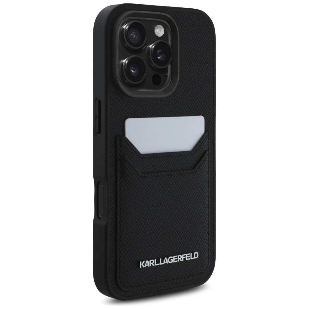 Karl Lagerfeld HC Grained PU Cardslot metalinis pailgas dėklas, skirtas iPhone 16 Pro Max - Juodas