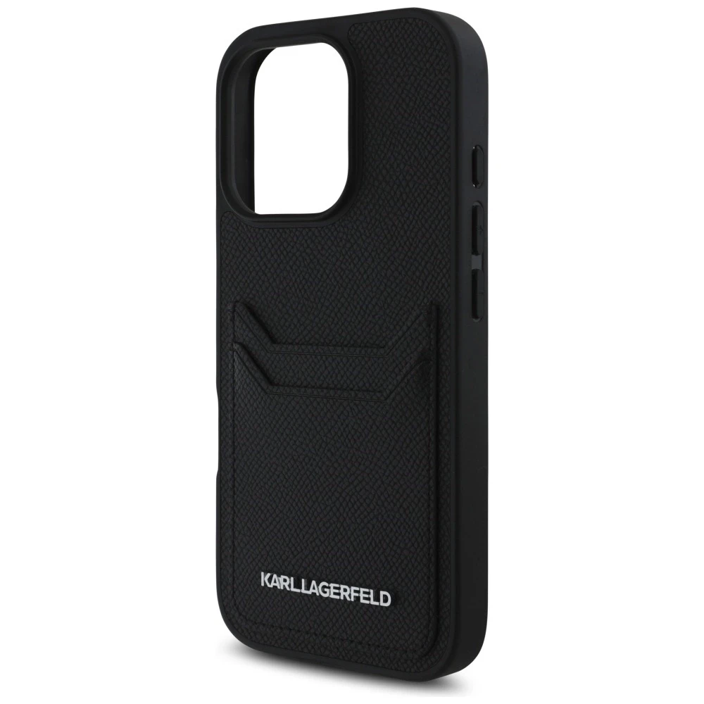 Karl Lagerfeld HC Grained PU Cardslot metalinis pailgas dėklas, skirtas iPhone 16 Pro Max - Juodas