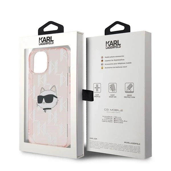 Apple iPhone 13 Karl Lagerfeld dėklas IML Choupette Head & Monogram (KLHCP13MHKLPCHP) rožinės spalvos