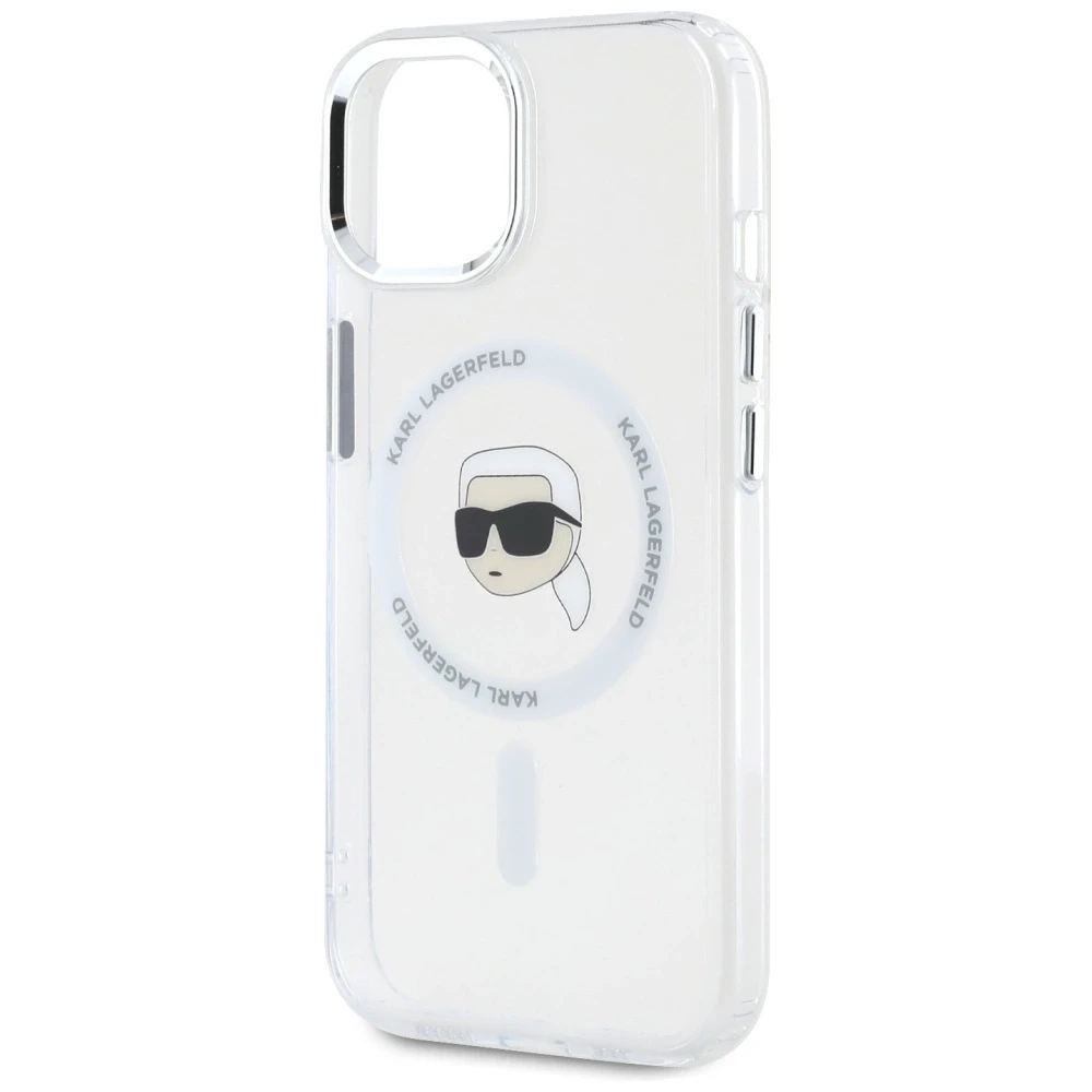Dėklas Karl Lagerfeld IML Metal Karl Head MagSafe Apple iPhone 15 baltos spalvos