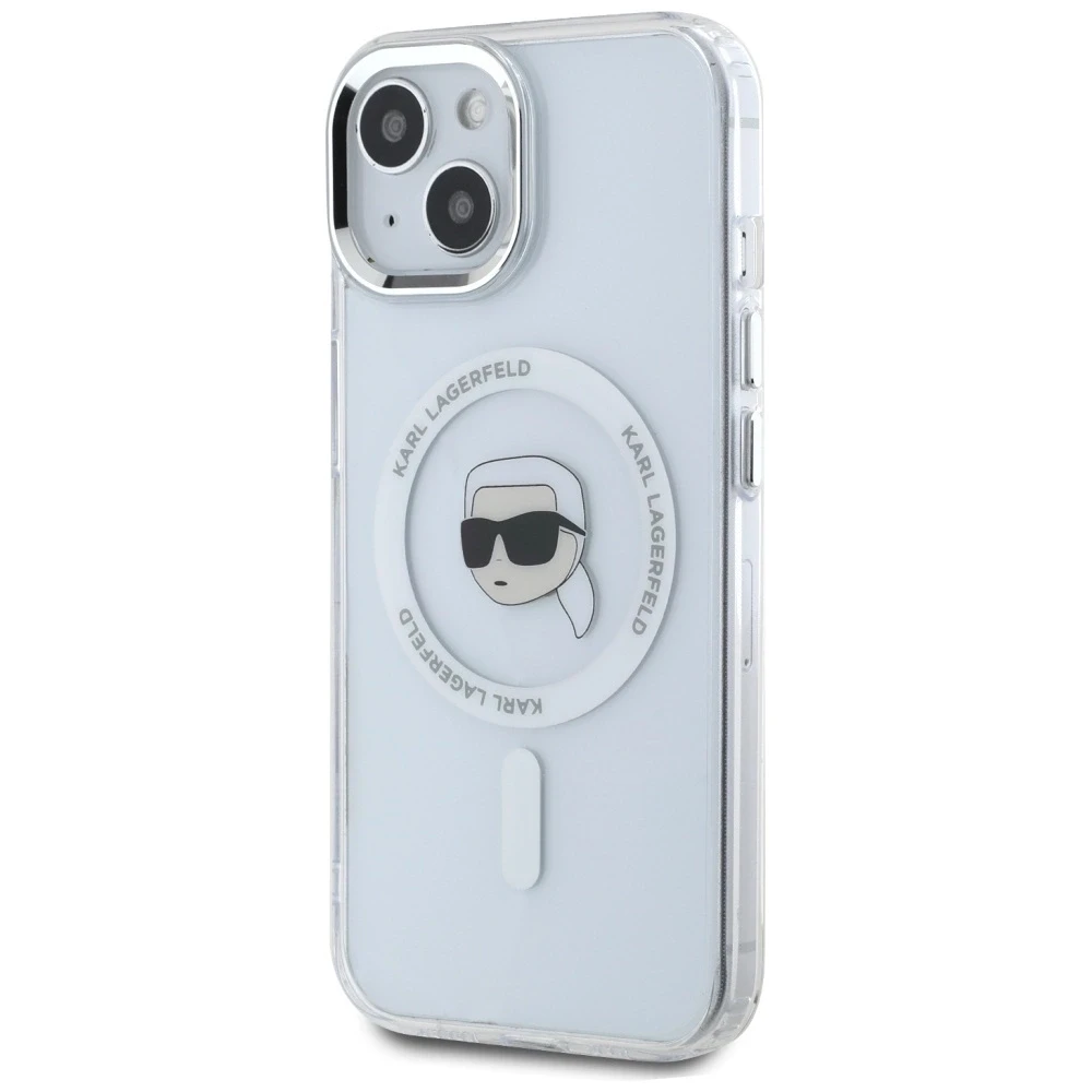 Dėklas Karl Lagerfeld IML Metal Karl Head MagSafe Apple iPhone 15 Plus baltos spalvos