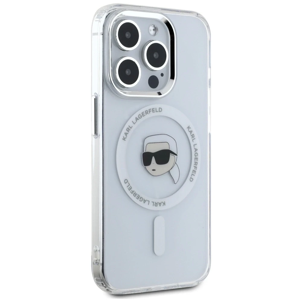 Dėklas Karl Lagerfeld IML Metal Karl Head MagSafe Apple iPhone 15 Pro Max baltos spalvos
