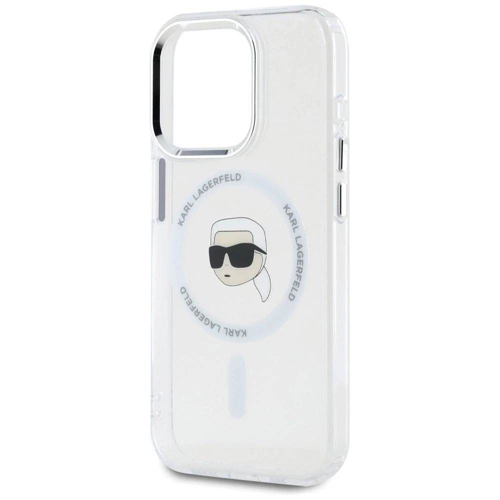 Dėklas Karl Lagerfeld IML Metal Karl Head MagSafe Apple iPhone 15 Pro Max baltos spalvos