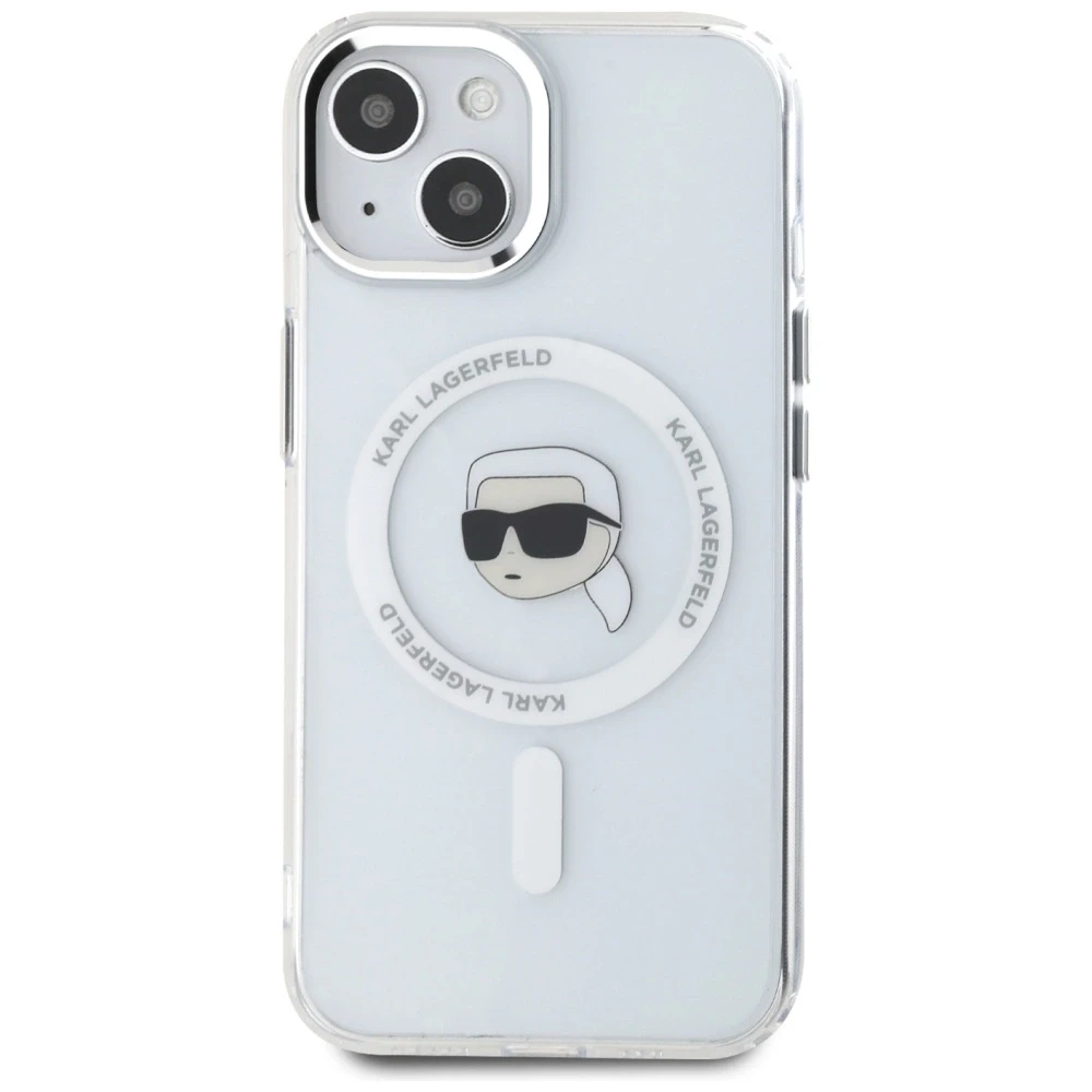 Dėklas Karl Lagerfeld IML Metal Karl Head MagSafe Apple iPhone 15 baltos spalvos