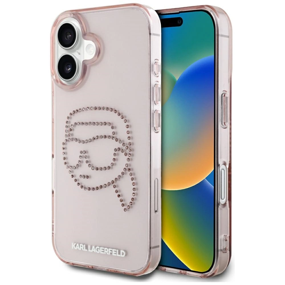 Karl Lagerfeld IML Rhinestones Karl Head Apple iPhone 16 dėklas telefonui rožinės spalvos
