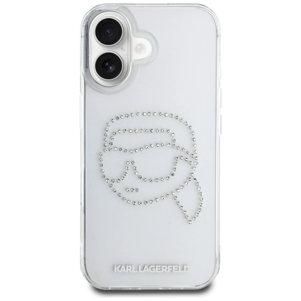 Dėklas Karl Lagerfeld IML Rhinestones Karl Head Apple iPhone 16 skaidrus