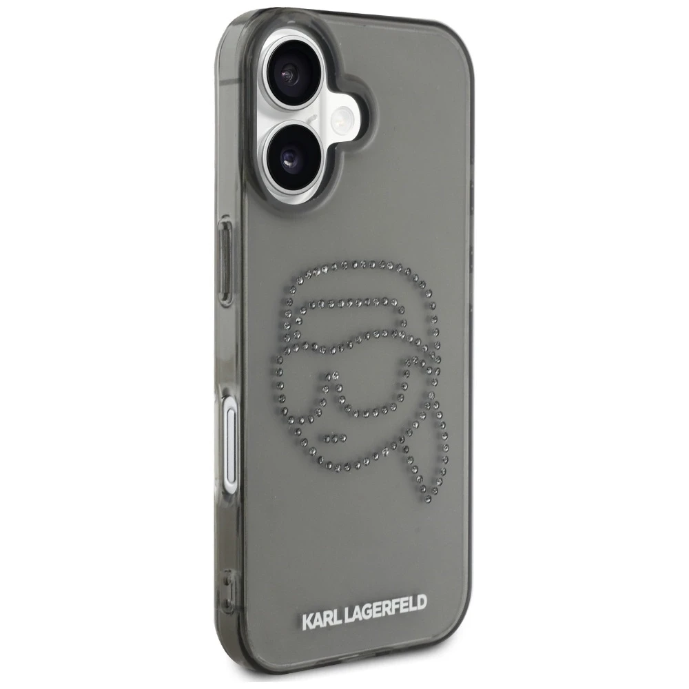 Karl Lagerfeld IML Rhinestones Karl Head dėklas iPhone 16, juodos spalvos