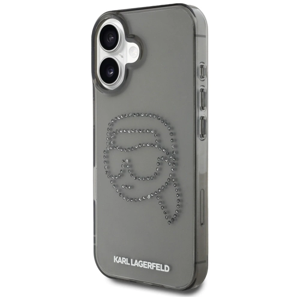 Karl Lagerfeld IML Rhinestones Karl Head dėklas iPhone 16, juodos spalvos