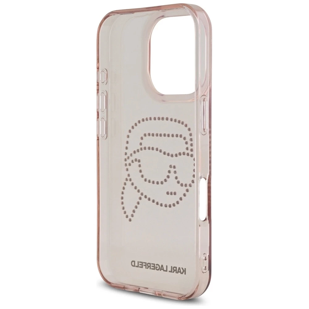 Dėklas Karl Lagerfeld IML Rhinestones Karl Head Apple iPhone 16 Pro rožinės spalvos