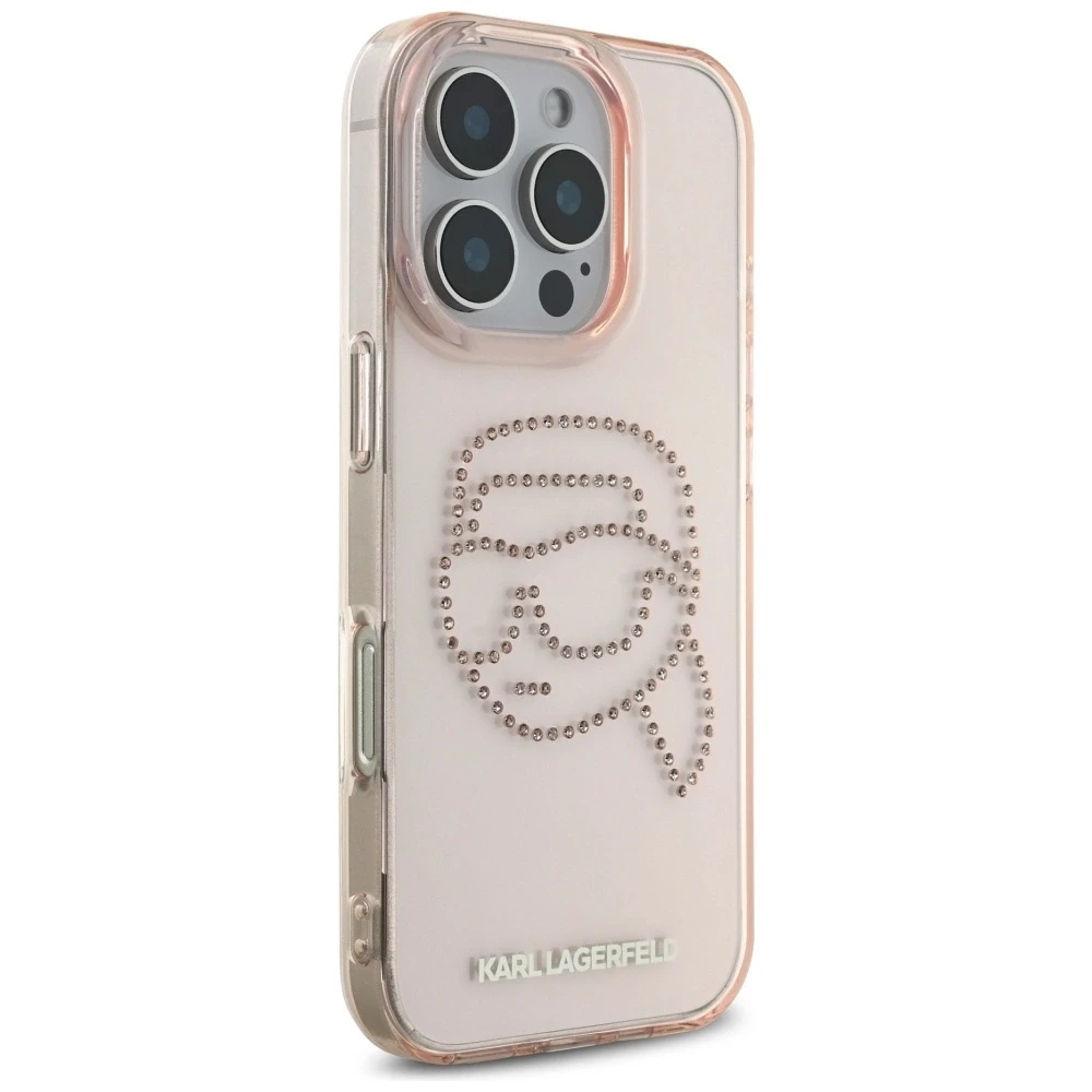Dėklas Karl Lagerfeld IML Rhinestones Karl Head Apple iPhone 16 Pro rožinės spalvos