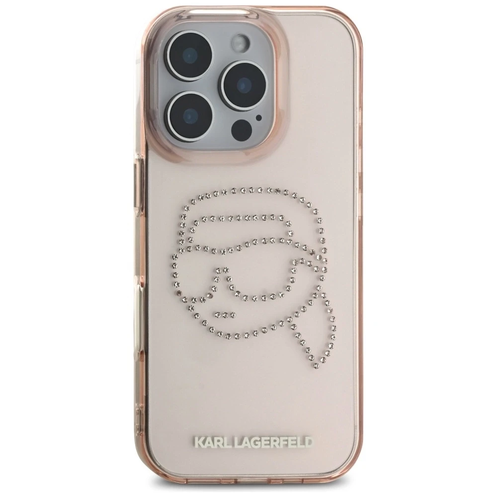 Dėklas Karl Lagerfeld IML Rhinestones Karl Head Apple iPhone 16 Pro rožinės spalvos