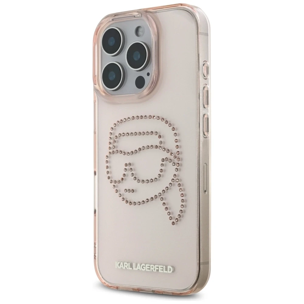 Dėklas Karl Lagerfeld IML Rhinestones Karl Head Apple iPhone 16 Pro rožinės spalvos