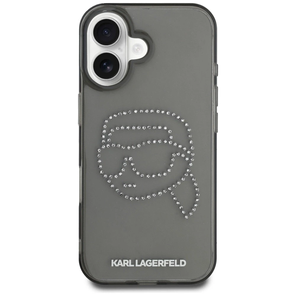 Karl Lagerfeld IML Rhinestones Karl Head dėklas iPhone 16, juodos spalvos