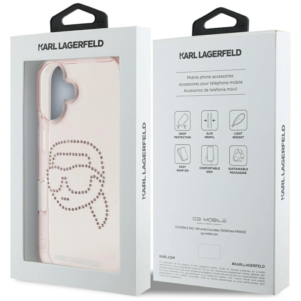Karl Lagerfeld IML Rhinestones Karl Head Apple iPhone 16 dėklas telefonui rožinės spalvos