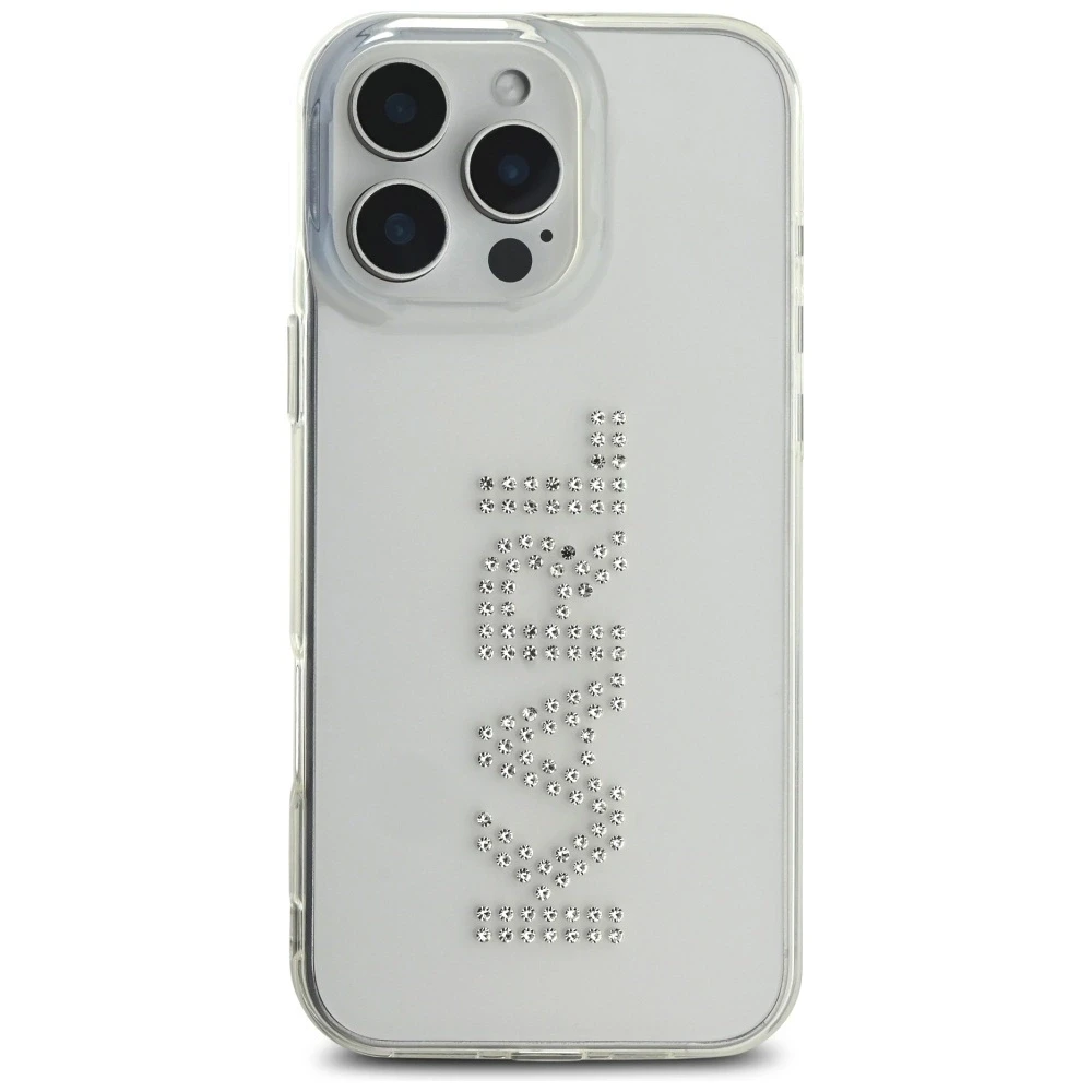 Karl Lagerfeld IML Rhinestones logotipas iPhone 16 Pro dėklas – skaidrus