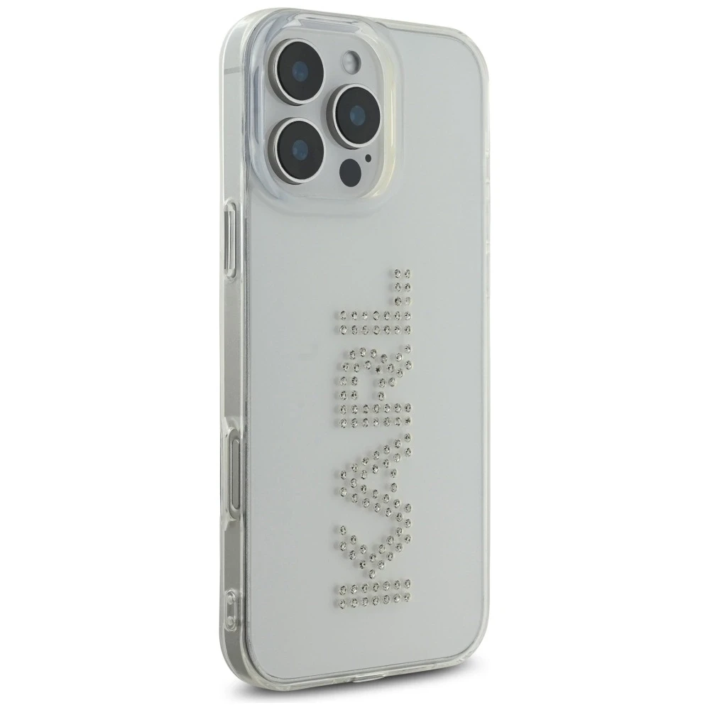 Karl Lagerfeld IML Rhinestones logotipas iPhone 16 Pro dėklas – skaidrus